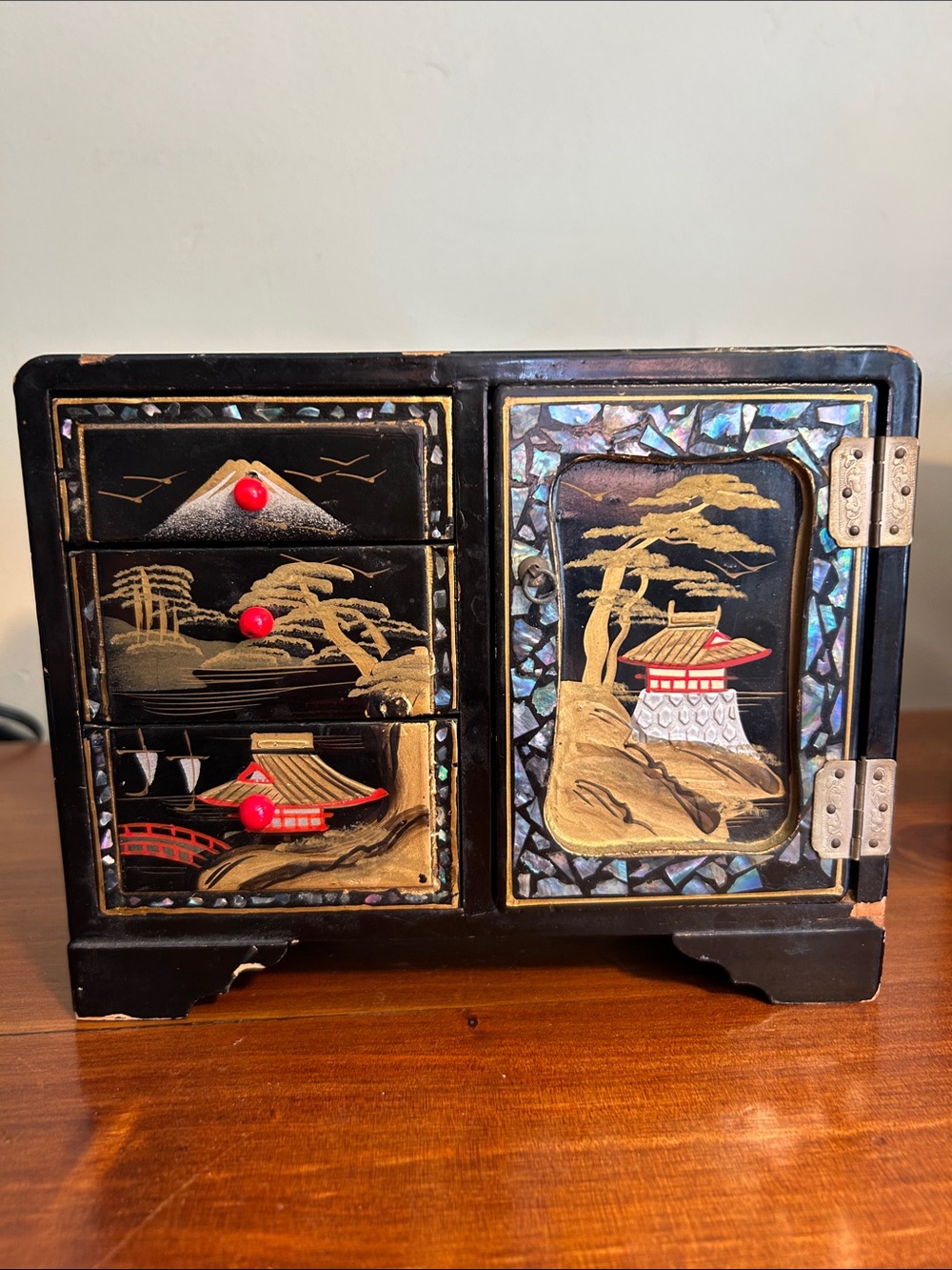 Vtg Asian Oriental Blk Lacquer Mother of Pearl Jewelry Music Box Chest Cabinet